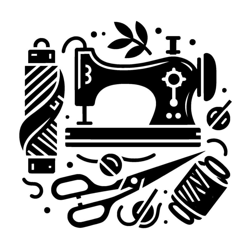 Monochrome, Illustration Depicting Sewing Crafting Elements, Including Sewing Machine, Thread, Scissors, Measuring Tape Leaves. vector