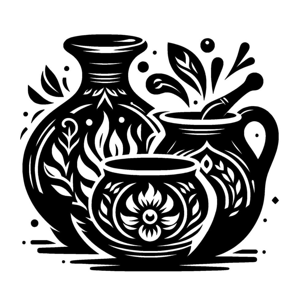 illustration a trio of intricately decorated, stylized, black and white pottery vessels, showcasing floral and leaf patterns, with a mortar and pestle accent, set against a stark white backgro vector