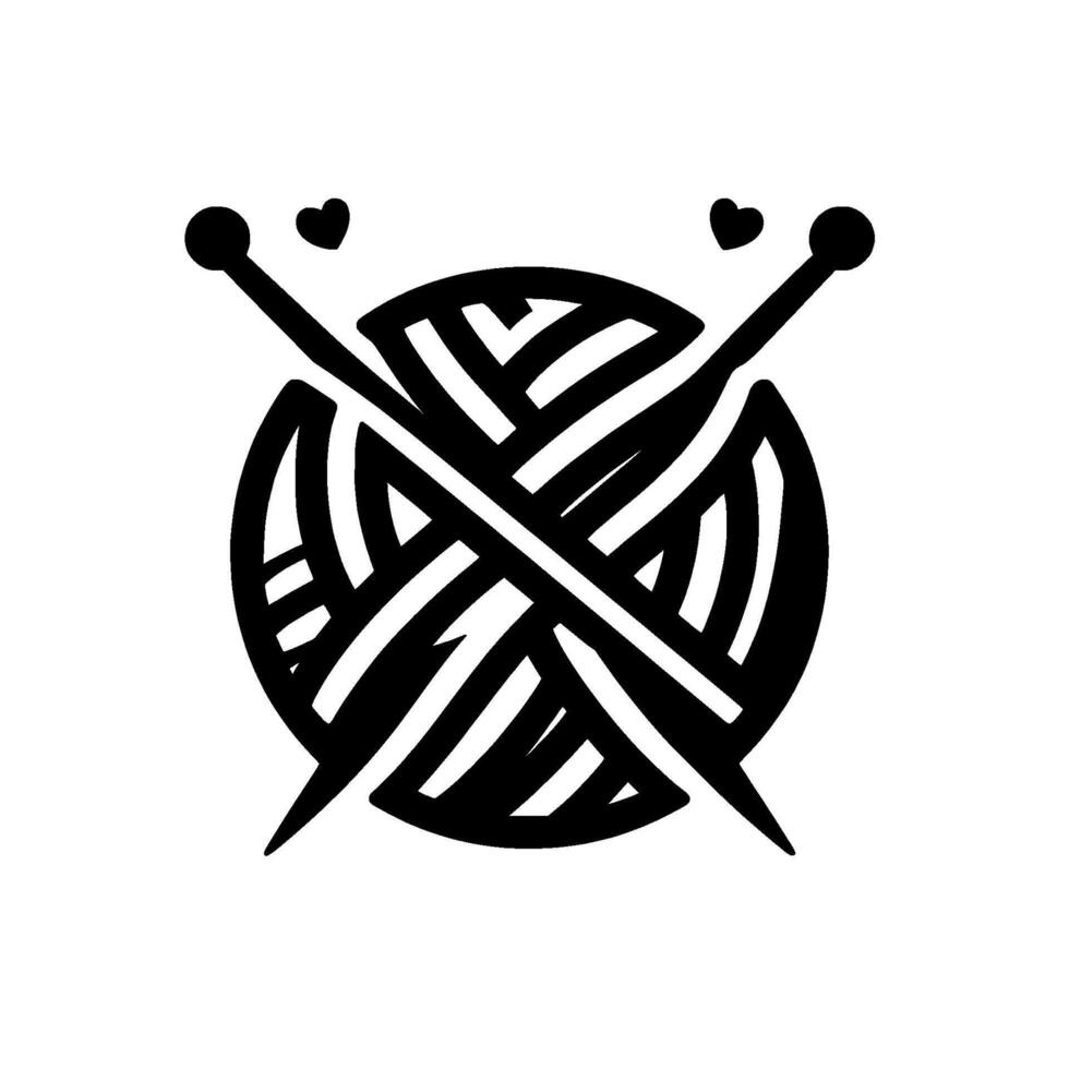 Black and White Minimalist Illustration of Yarn Ball Crossed by Knitting Needles, with Small Heart Accents, Simple, Artistic . vector