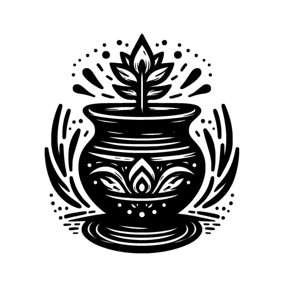 Black and white stylized illustration of a potted plant with ornate patterns, surrounded by stylized foliage and decorative elements. vector