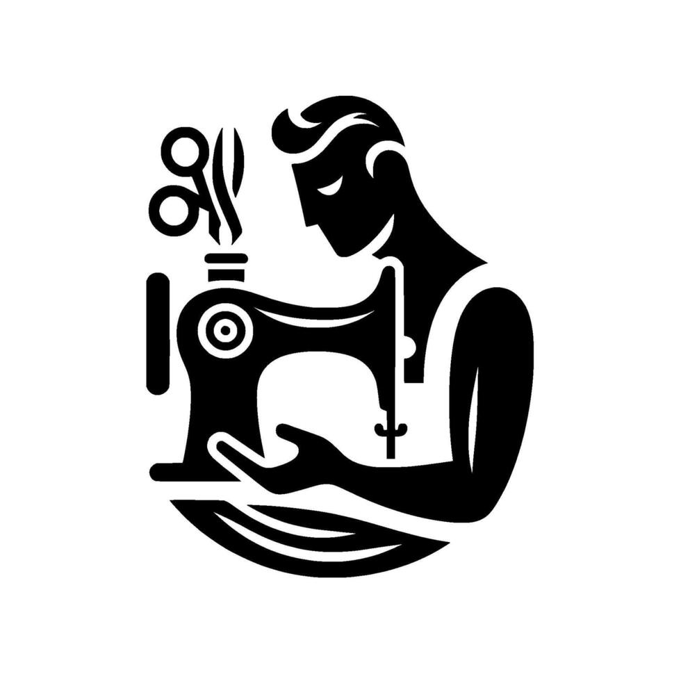Stylized Silhouette of a Tailor at Work, Sewing with Scissors Machine, Black White . vector