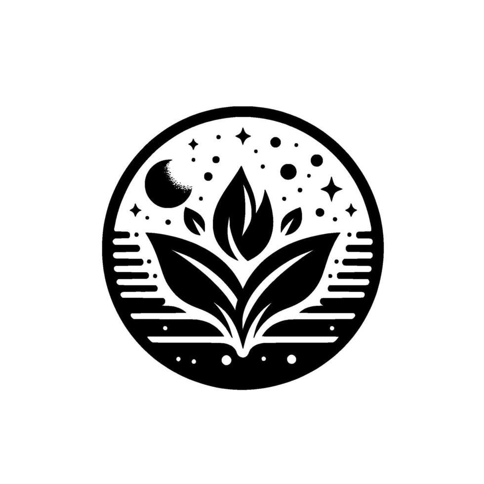 Black and white circular emblem featuring stylized plant with leaves, moon, stars, and stylized horizontal lines. vector