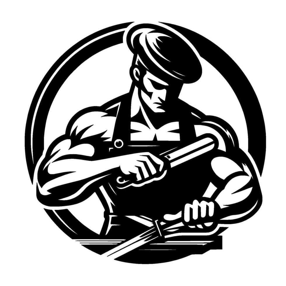 Strong chef in monochrome , honing knife within a circular frame, ready to craft culinary masterpieces. vector