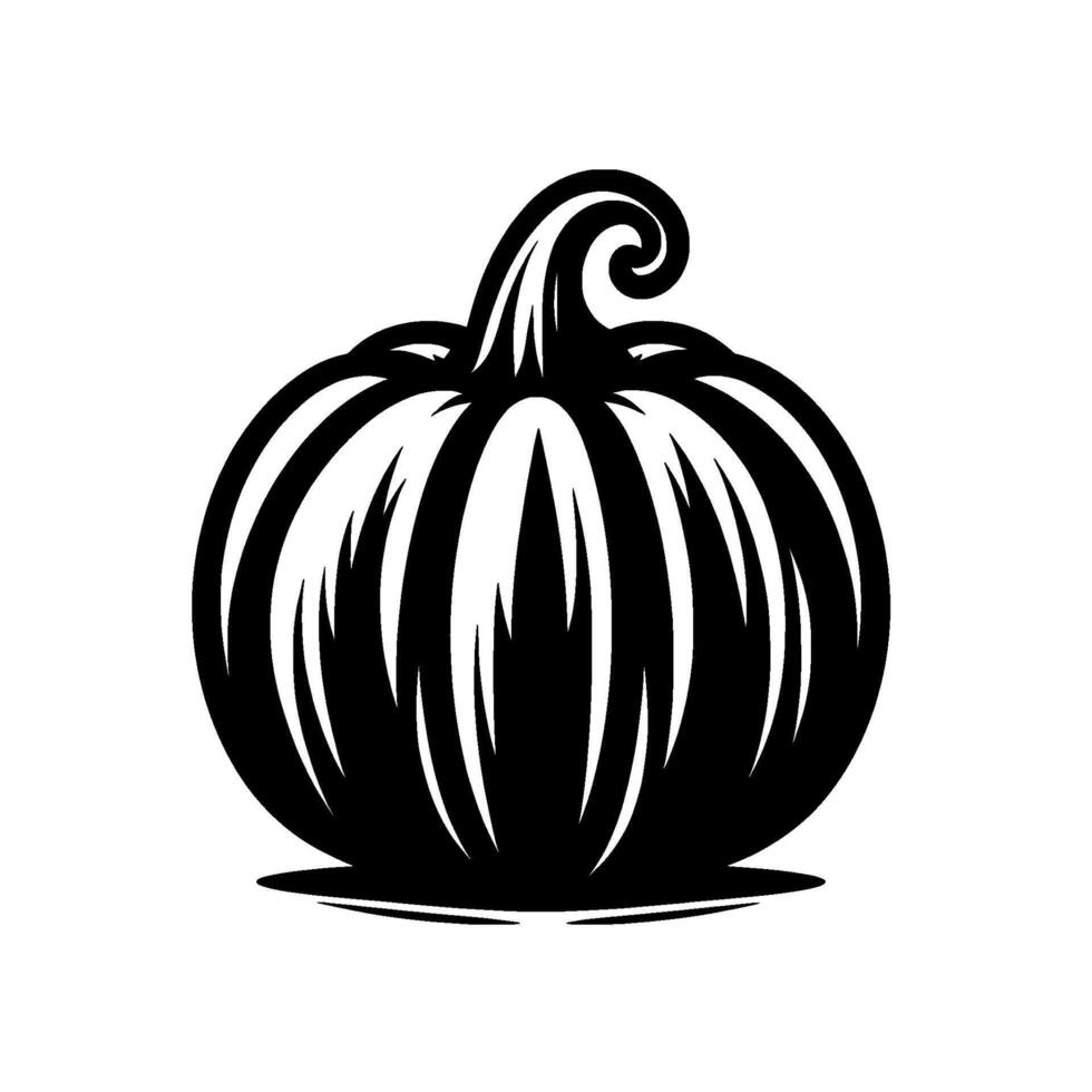 Illustration of a Stylized, Black and White Pumpkin with a Curled Stem and a Shadow, Set Against a Clean White Background. vector