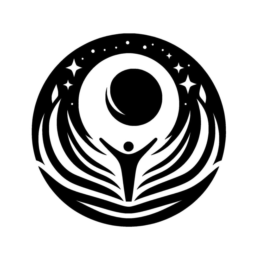 Black and white cosmic , a person with outstretched arms reaching for the moon, stars and waves surround. vector