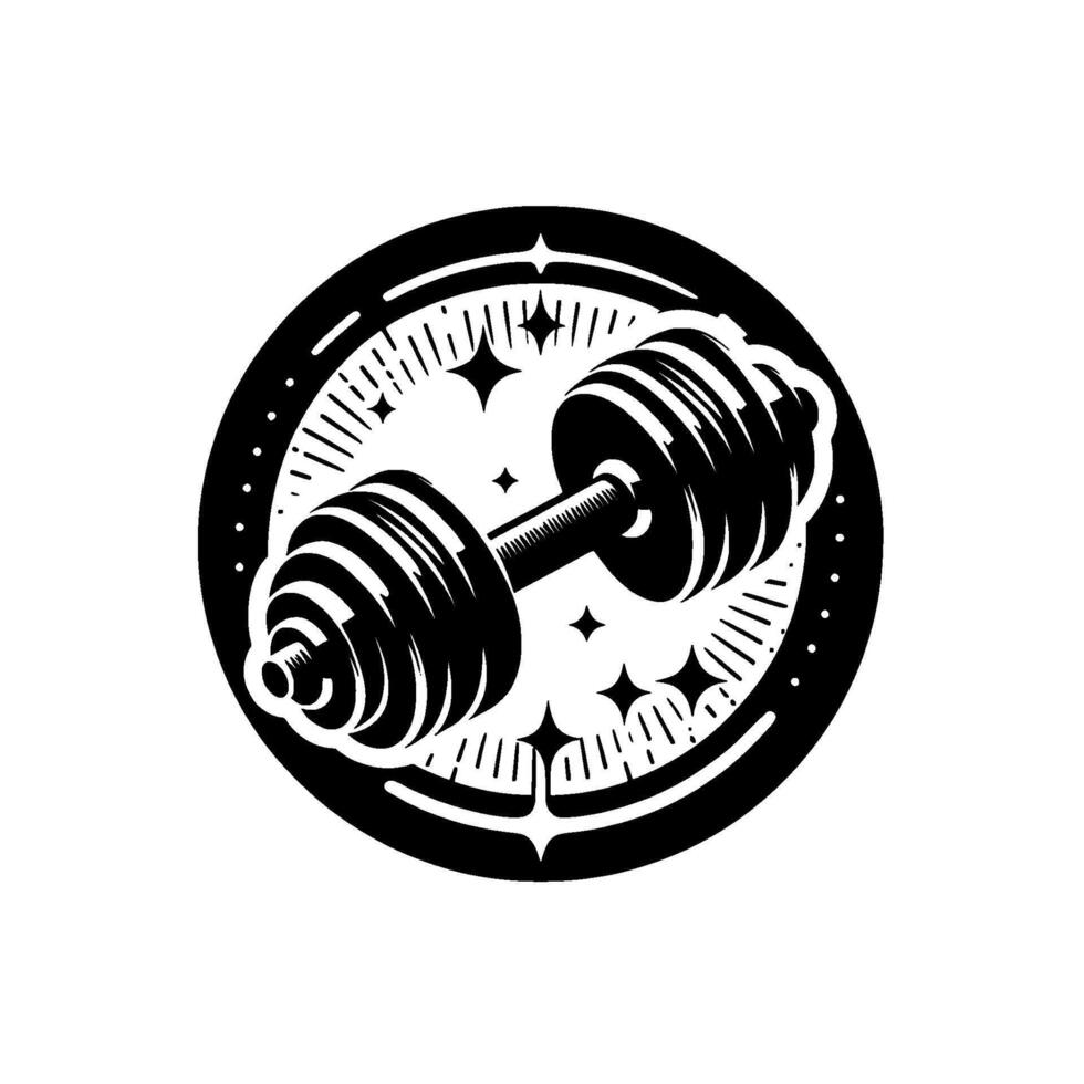 A minimalist black and white emblem depicting a barbell inside a circular frame, with radiating lines and star accents, symbolizing fitness. vector