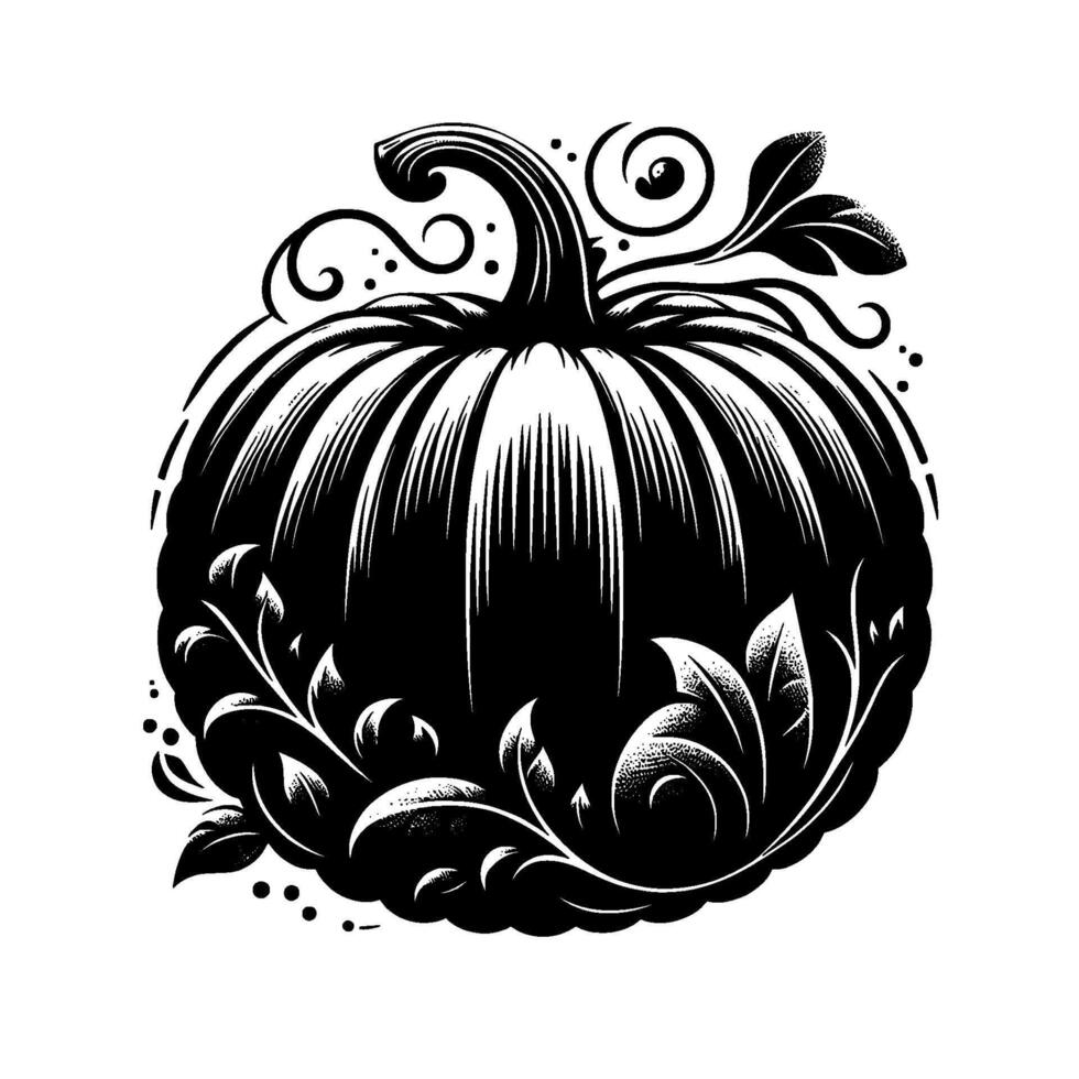 Detailed Black and White Engraving of a Stylized Pumpkin Adorned with Flourishes and Leaves for Fall or Halloween. vector