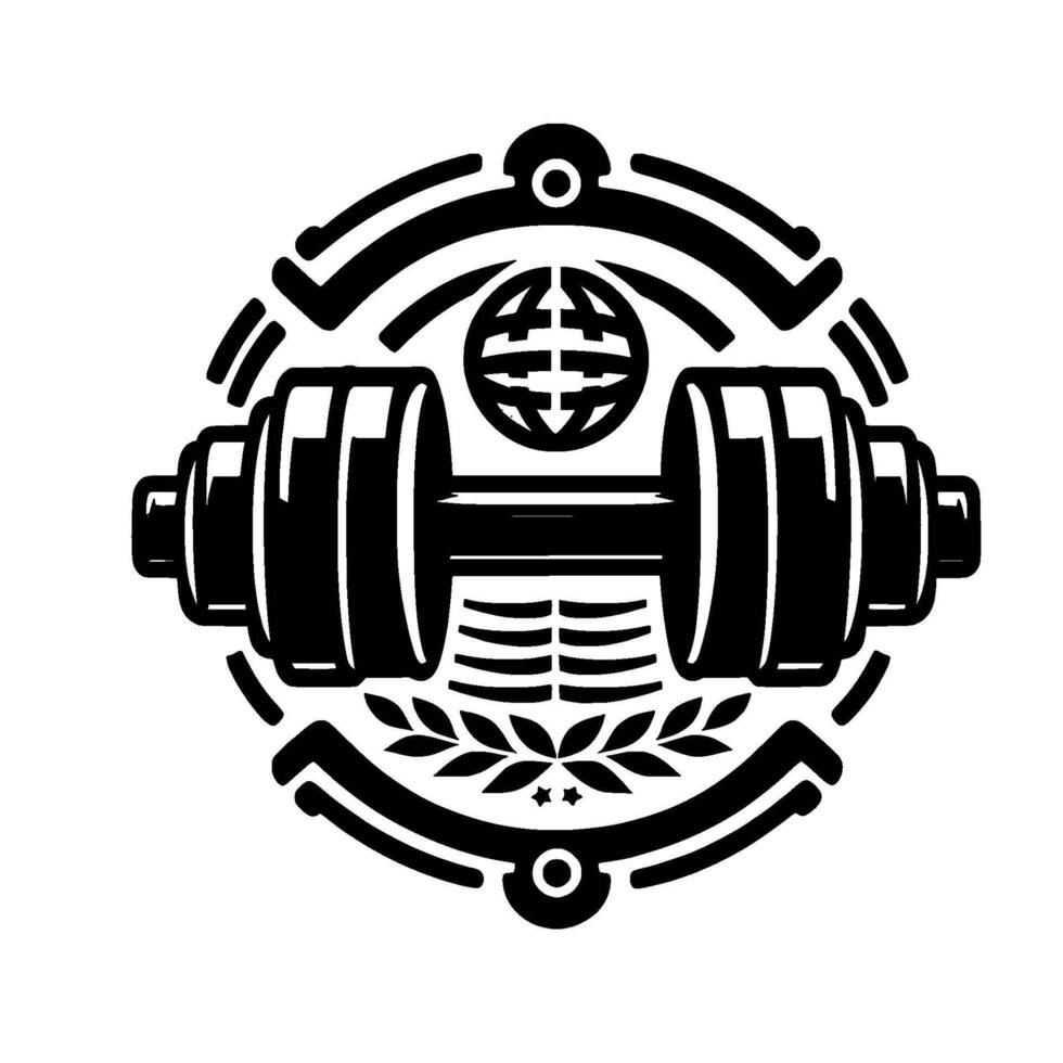 A Bold, Stylized Black and White Dumbbell in a Circular Composition, Featuring a Globe, Laurel, and Decorative Elements. vector