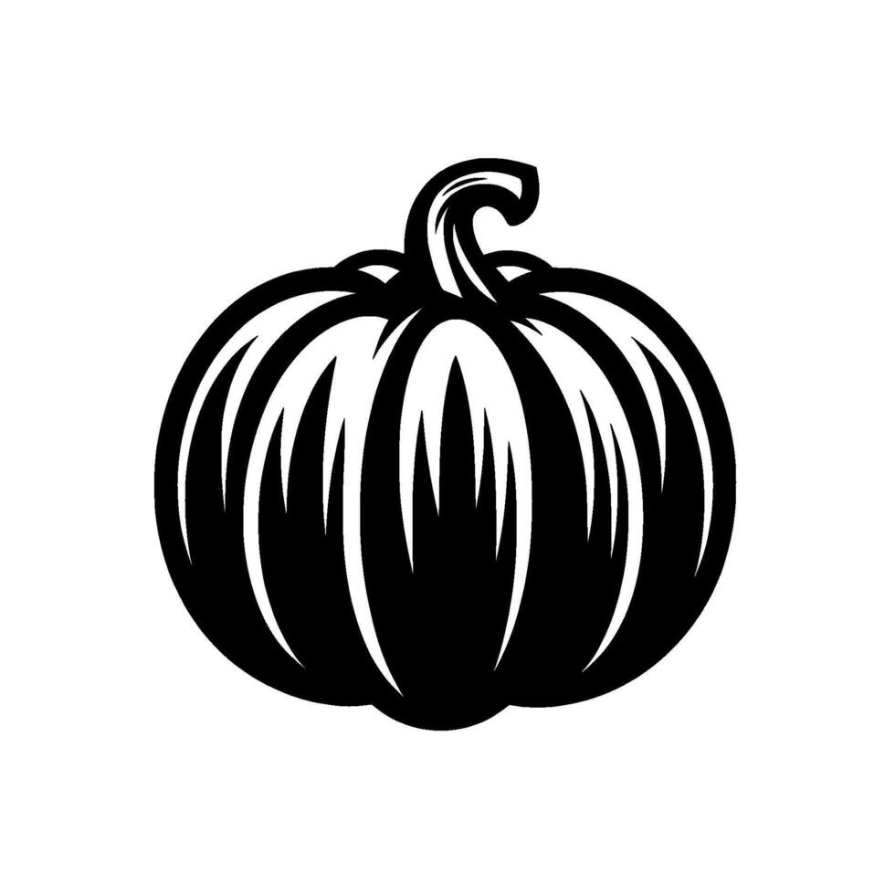 Bold Black and White Illustration of a Round Pumpkin with Ribbed Sections and Curled Stem on a Clean White Background. vector