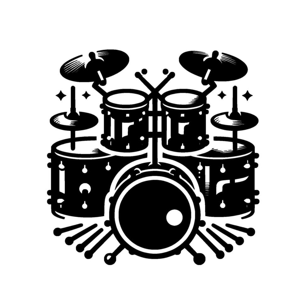 A Stylized, Black and White Drum Kit Illustration with Cymbals, Snare, Toms, Kick Drum, and Drumsticks on White. vector