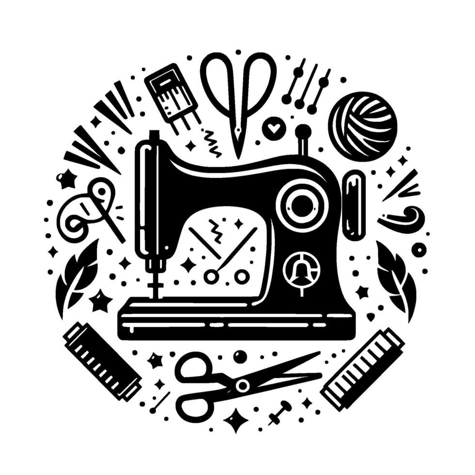 Circular illustration of a vintage sewing machine surrounded by essential crafting tools, rendered in a charming, minimalist style with a focus on artisanal craftsmanship and needlework. vector