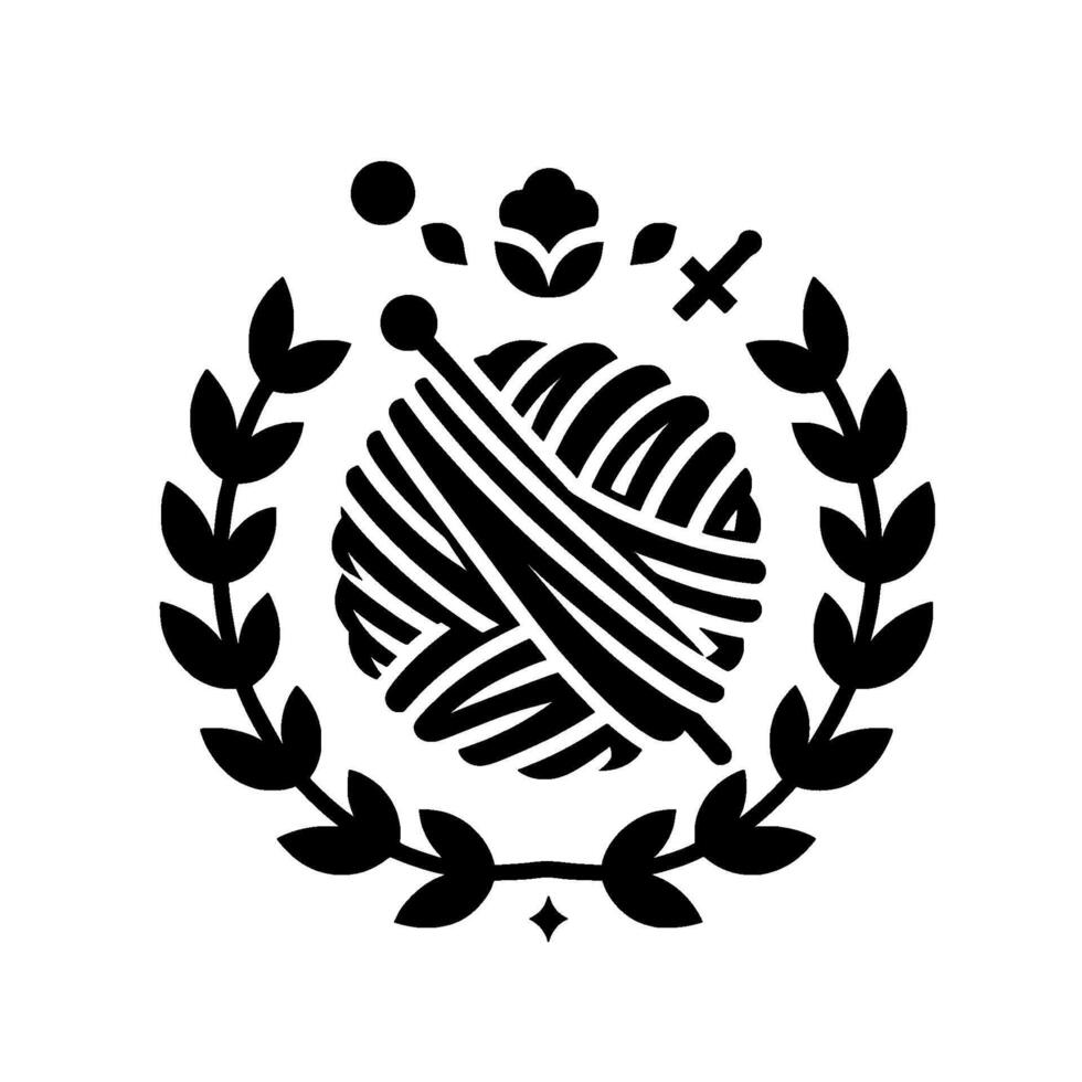 Black and White Emblem Yarn Ball with Needles, Surrounded by a Laurel Wreath, Embellished with Floral and Geometric Elements. vector