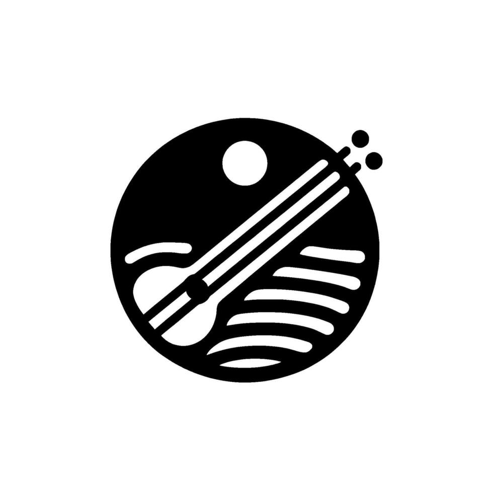 Minimalist Black and White Sitarlike instrument silhouette within a circle, evoking folk music, sunset, and landscape themes. vector