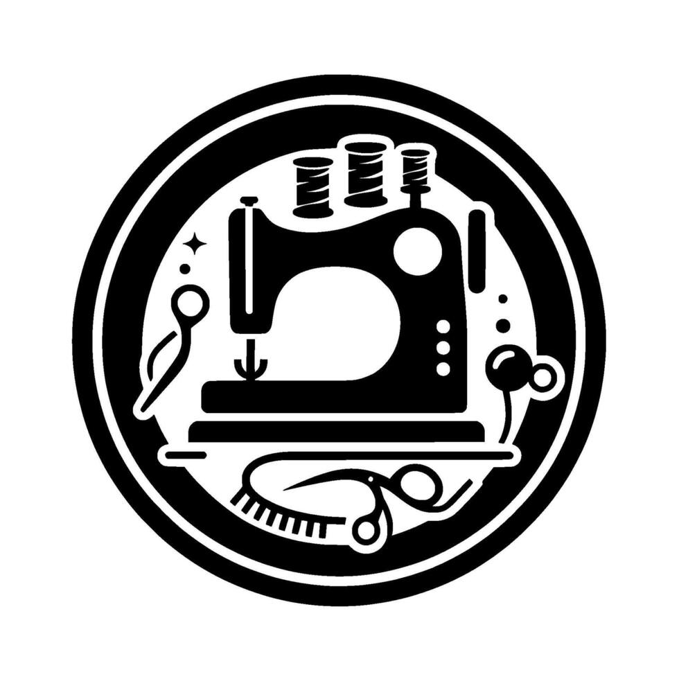 Elegant Black White Circular of Sewing Machine, Thread Spools, Scissors, and Other Crafting Tools, Representing Tailoring and . vector