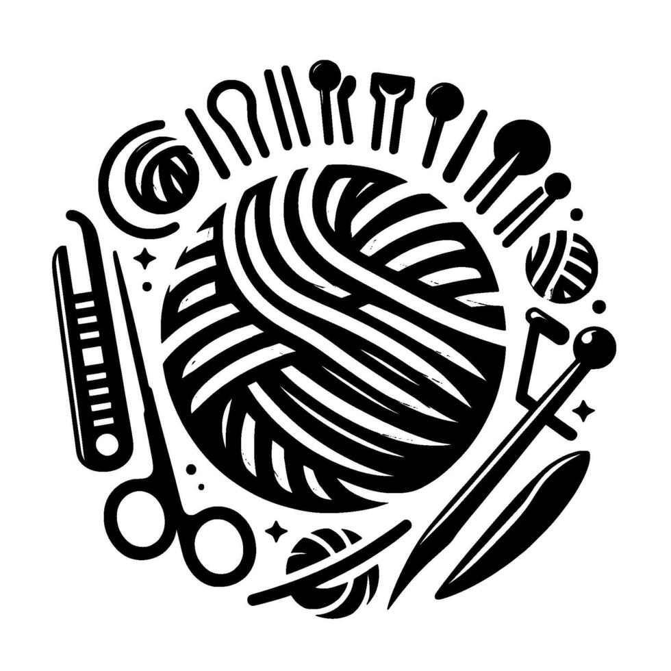 Circular Black and White Illustration of Knitting and Crochet Tools, Centered by a Ball of Yarn, Symbolic of Crafting vector