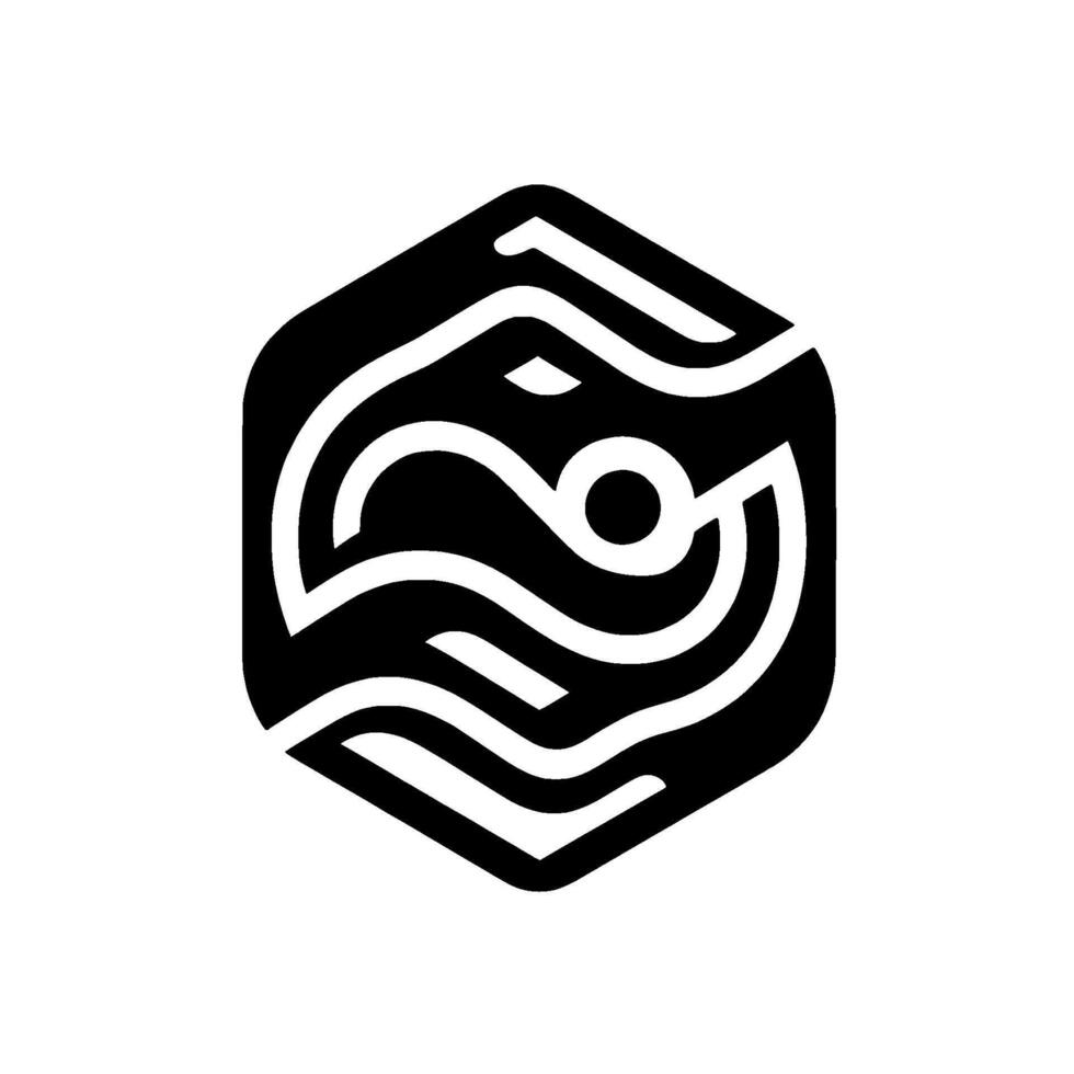 A modern, geometric featuring abstract flowing lines and a circle, encased within a black, hexagon frame. vector