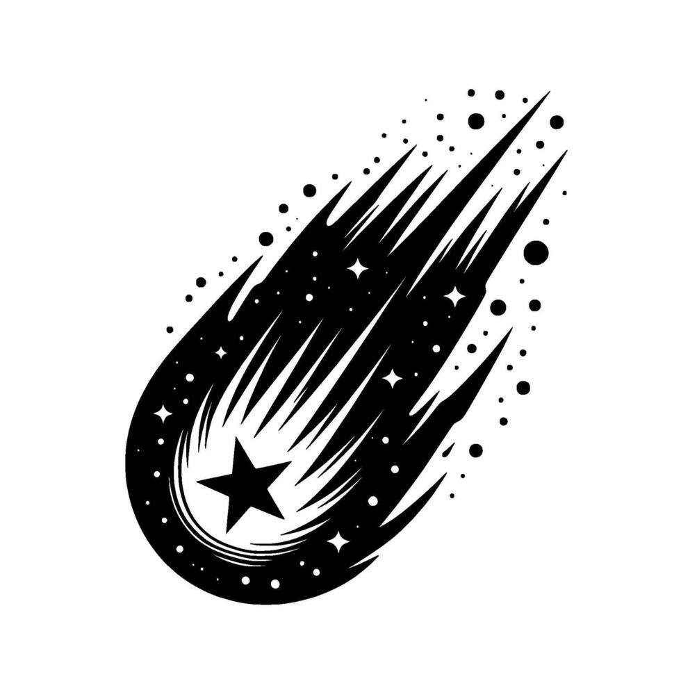 Black and White Comet Silhouette with Star and Celestial Particles, Abstract Illustration on White Backdrop. vector