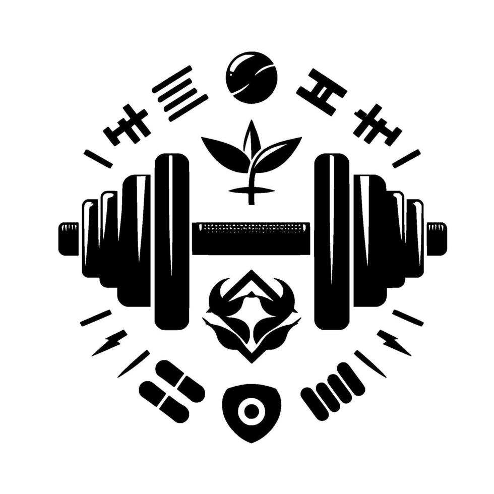 A symmetrical blackandwhite fitness emblem with barbell, foliage, and geometric shapes arranged around a central dumbbell. vector