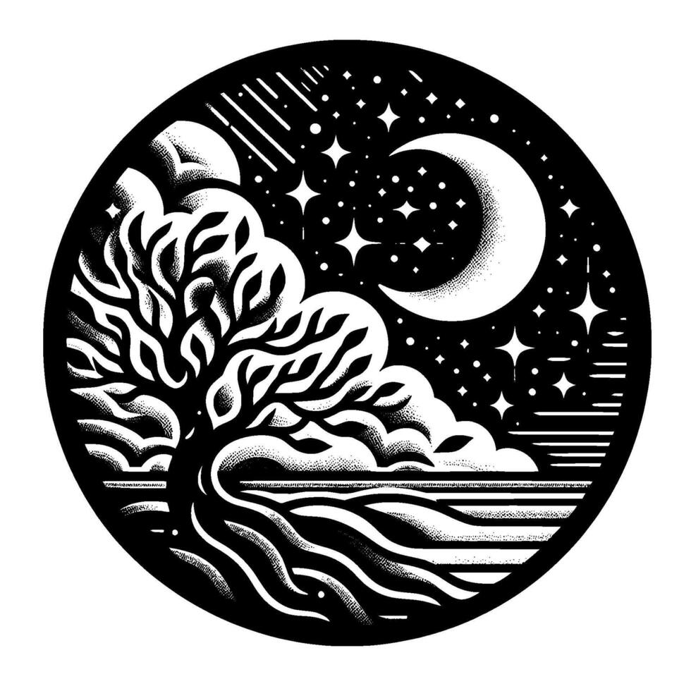 A stylized, circular illustration depicts a tree with reaching roots and leafy branches, set against a sky of clouds, stars, meteors, and a crescent moon. vector