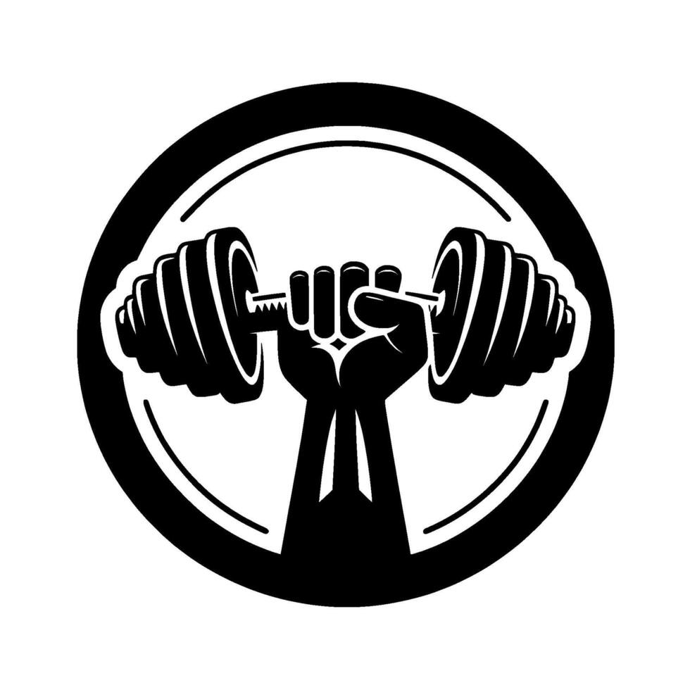 Powerful Black Silhouette of a Hand Holding a Dumbbell Within a Black Circular Frame, Representing Strength and Fitness vector