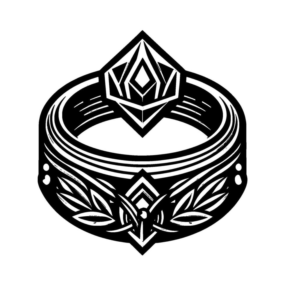 Ornate Black and White Digital Illustration of an Elaborate Geometric Ring with a Central DiamondShaped Element, Leafy Accents and Decorative Details vector