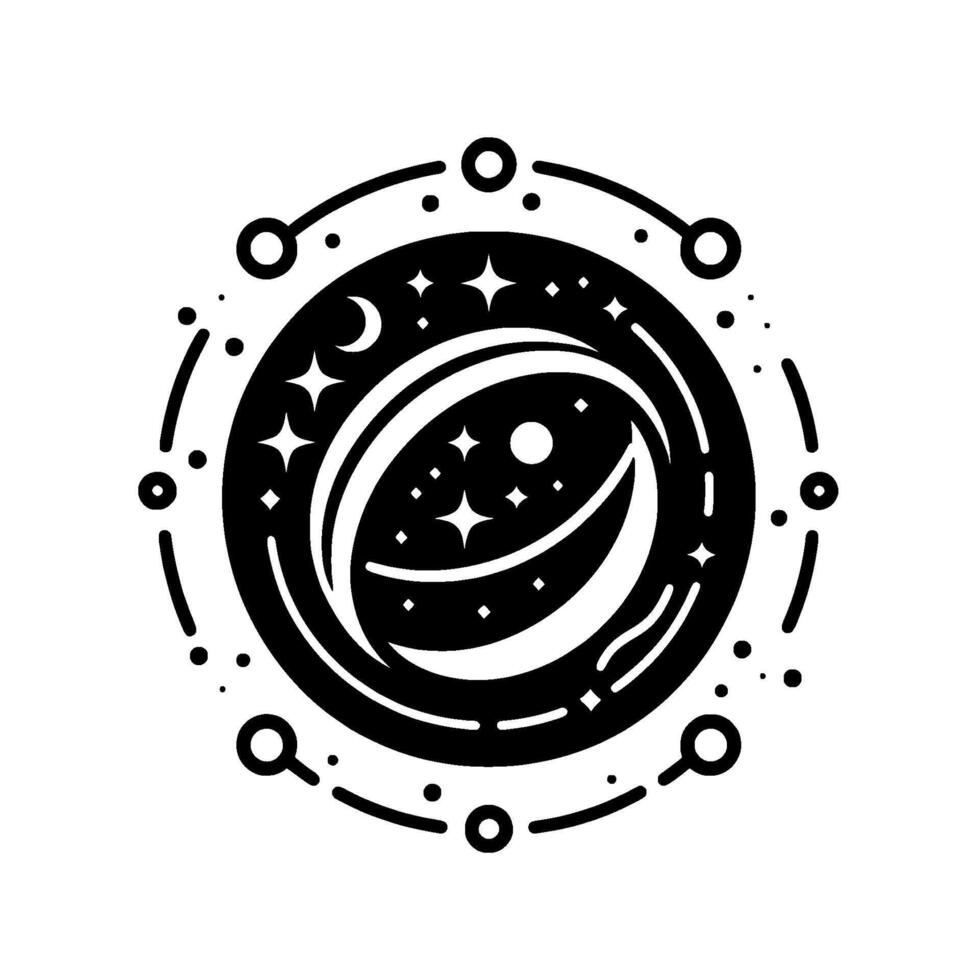 A minimalist black and white illustration of an elliptical space, with stars, a crescent moon, and a surrounding orbital , evoking cosmic mystery. vector