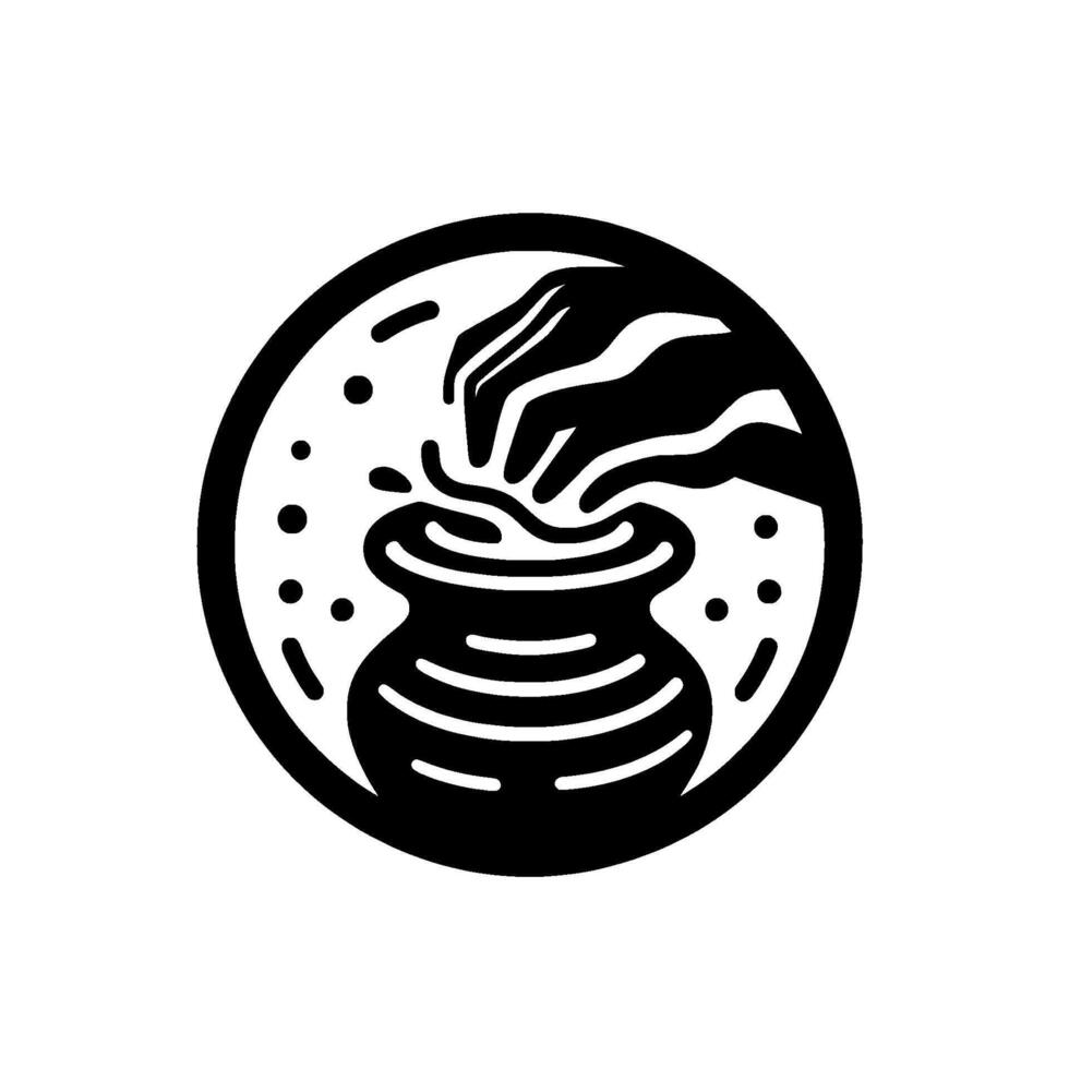 A black and white illustration depicting a hand reaching into a cauldron, encircled by a ring, with droplets. vector
