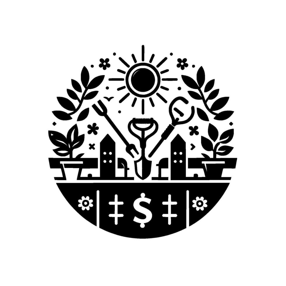 Black and White Garden with Tools, Plants, Sun, and Financial Symbols Within a Circle for EcoFriendly Business. vector