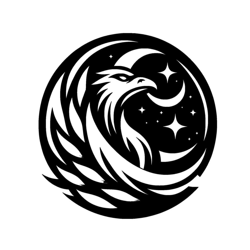 Abstract Black and White Circle featuring an Eagles Head, Moons, and Stars, evoking nocturnal power and elegance. vector