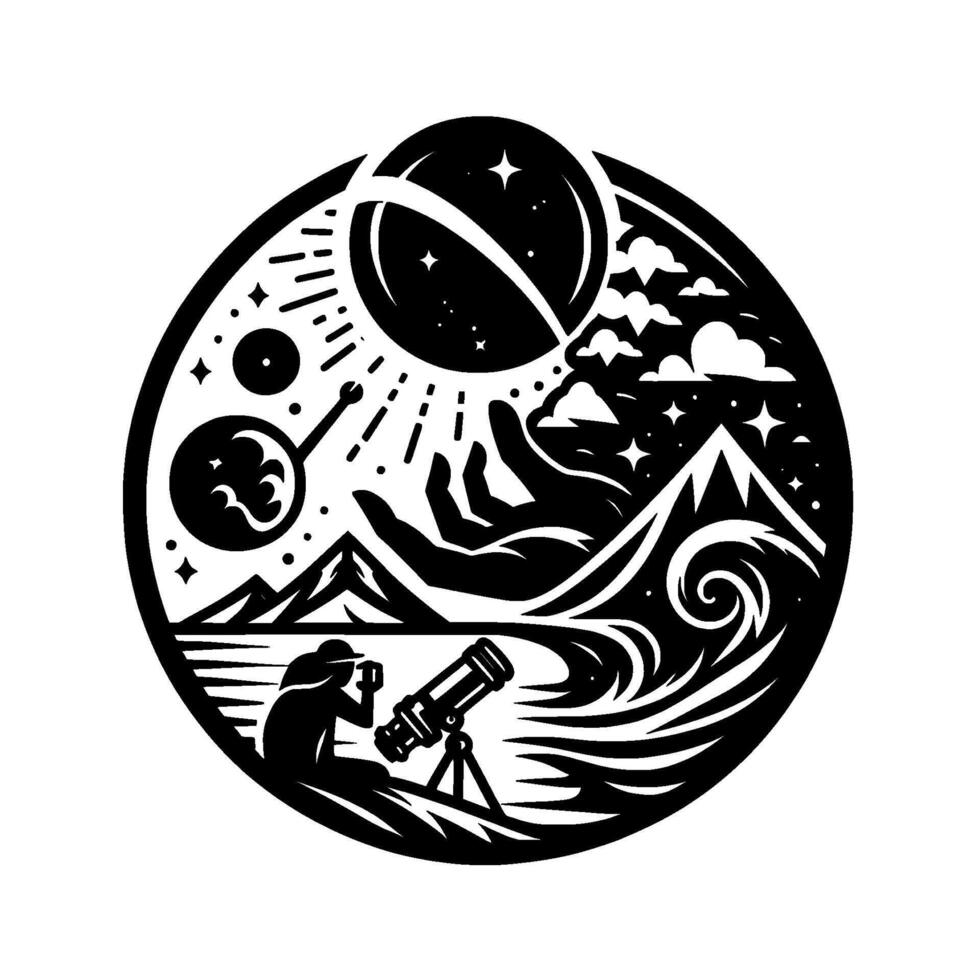 Celestial Observation Silhouette illustration of an astronomer using a telescope amidst a cosmic landscape with a hand holding the sun. vector