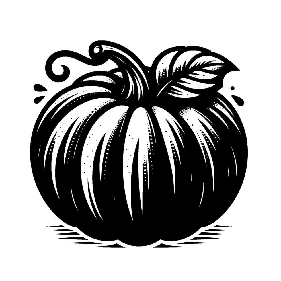 A detailed black and white illustration of a round pumpkin, featuring distinct textured segments, a curly stem, and a single leaf, on a pristine white background. vector
