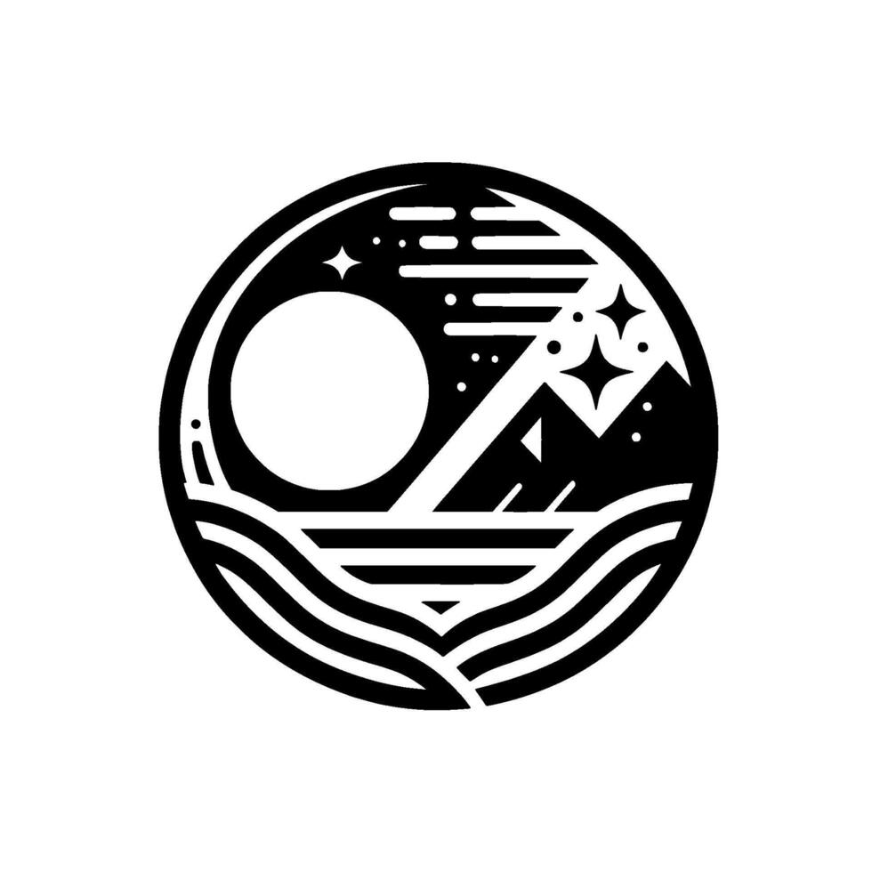 Minimalist Black and White Circular Sun, Mountains, Water, and Stars. vector