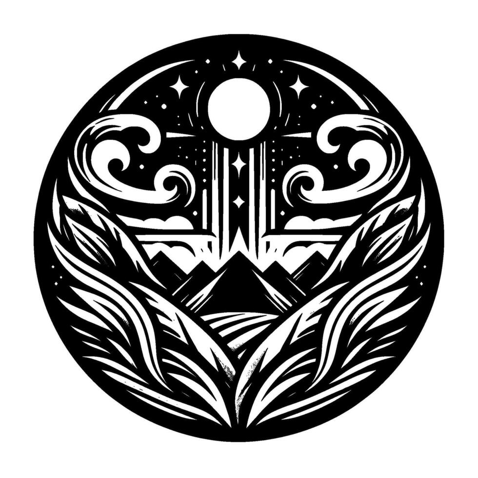 Symbolic Black and White Circular Art Mountains, Night Sky, Foliage and Decorative Celestial Motifs. vector