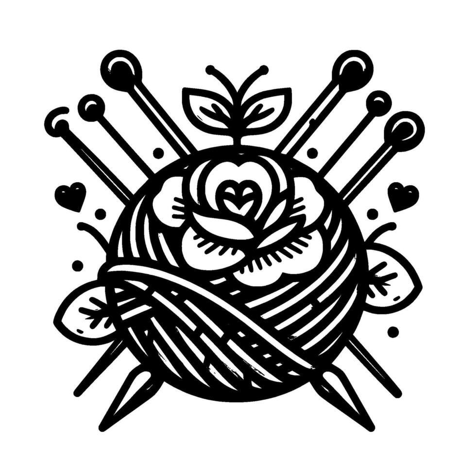 Intricate Black and White TattooStyle Illustration of a Yarn Ball with a Rose Centerpiece and Knitting Needles, Hearts and Leaves. vector