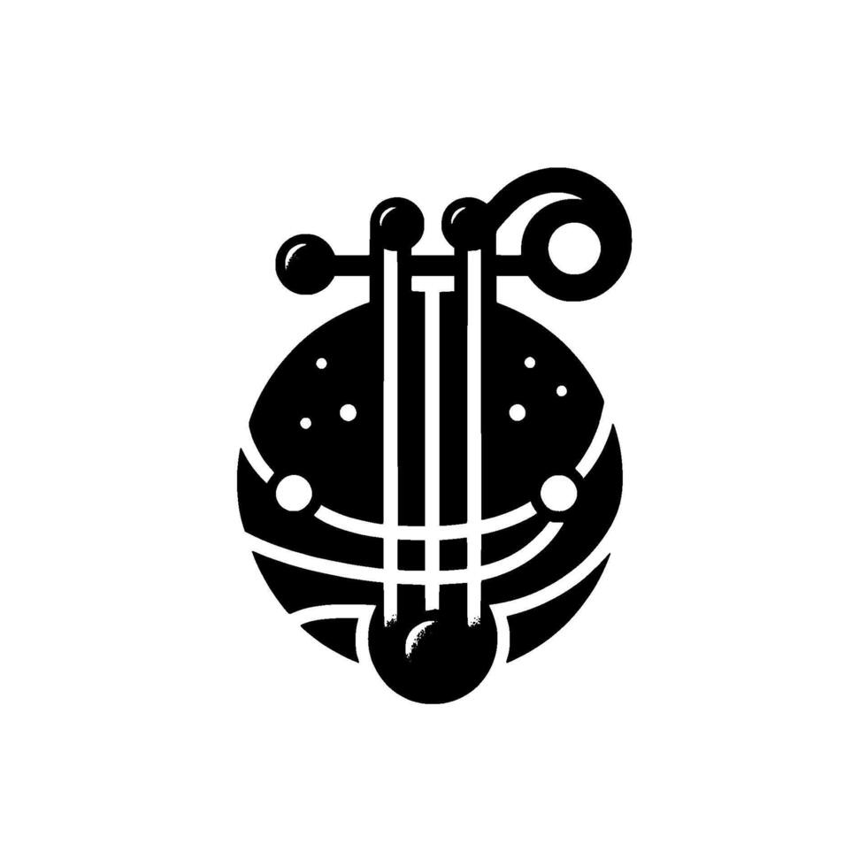 Geometric Black and White Abstract Featuring a Spherical Body with Stringed Instrument Elements and Dots on a White Background. vector