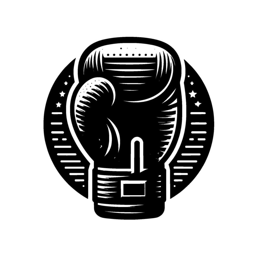 Illustration of Boxing Glove Within a Black Circle with Stars and Strokes, Monochrome . vector