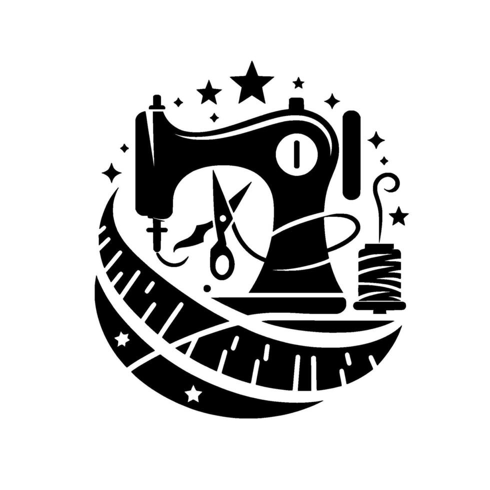 Black and White Silhouette of a Sewing Machine with a Crescent Moon, Scissors, Thread, and Stars vector