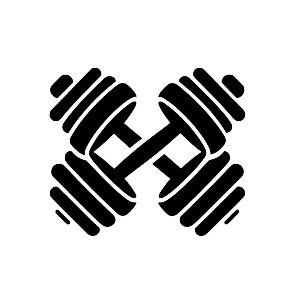 Symmetrical Black Dumbbells Crossed, Stacked Discs, Training Equipment, Fitness, Workout, Healthy Lifestyle, White Background. vector