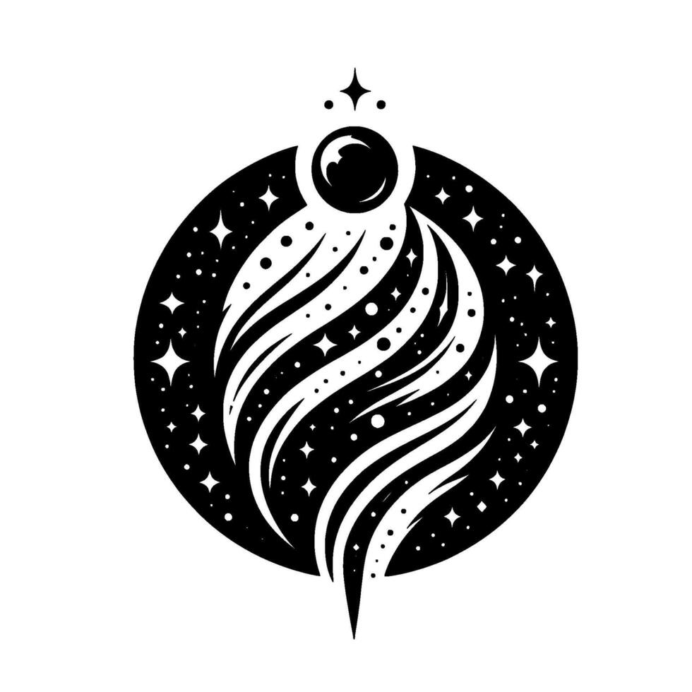 Celestial Orb Black and White Cosmic Featuring a Sphere, Flowing Lines, Stars, and Pointed Tip. vector