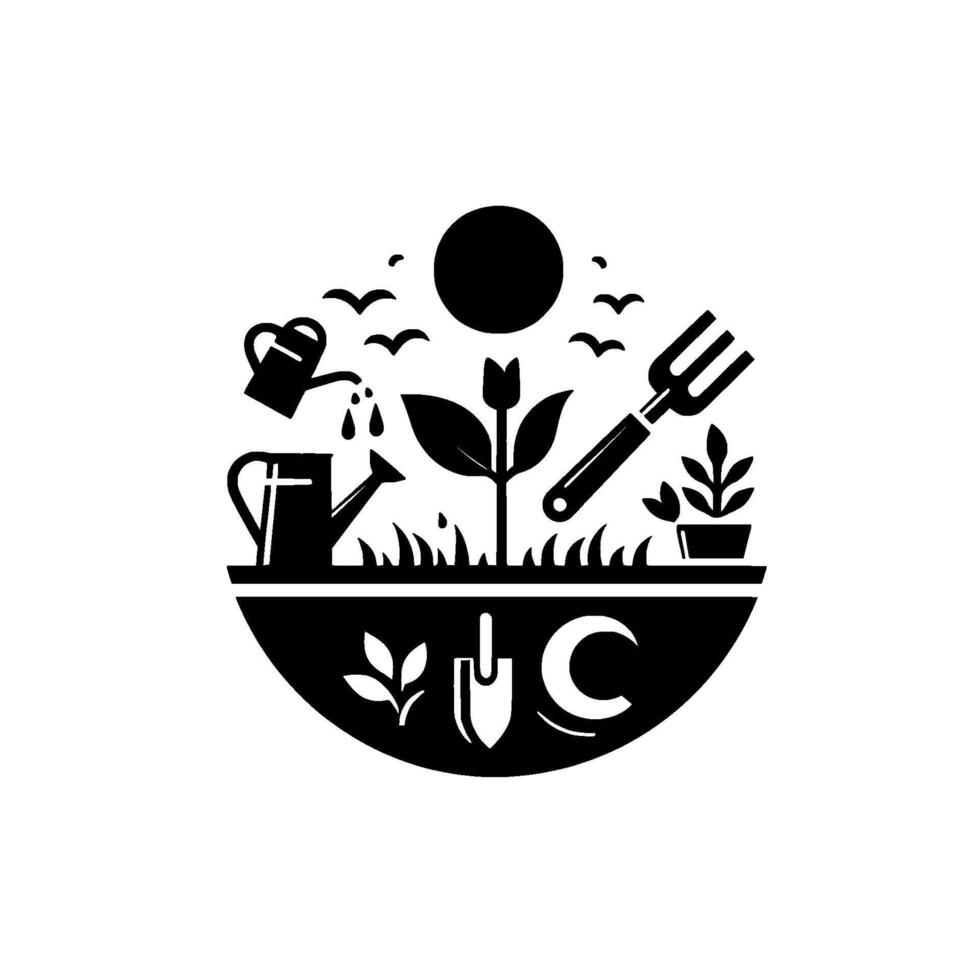 Circular black white illustration of a garden scene with tools, plants, birds, sun, and C. vector