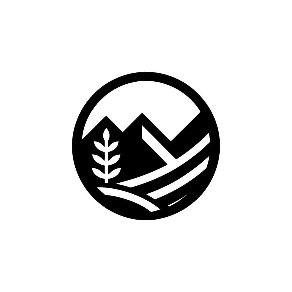 A Minimalist Black and White Depicting a Wheat Plant, Mountains, and Fields Within a Circle, Representing Agriculture. vector
