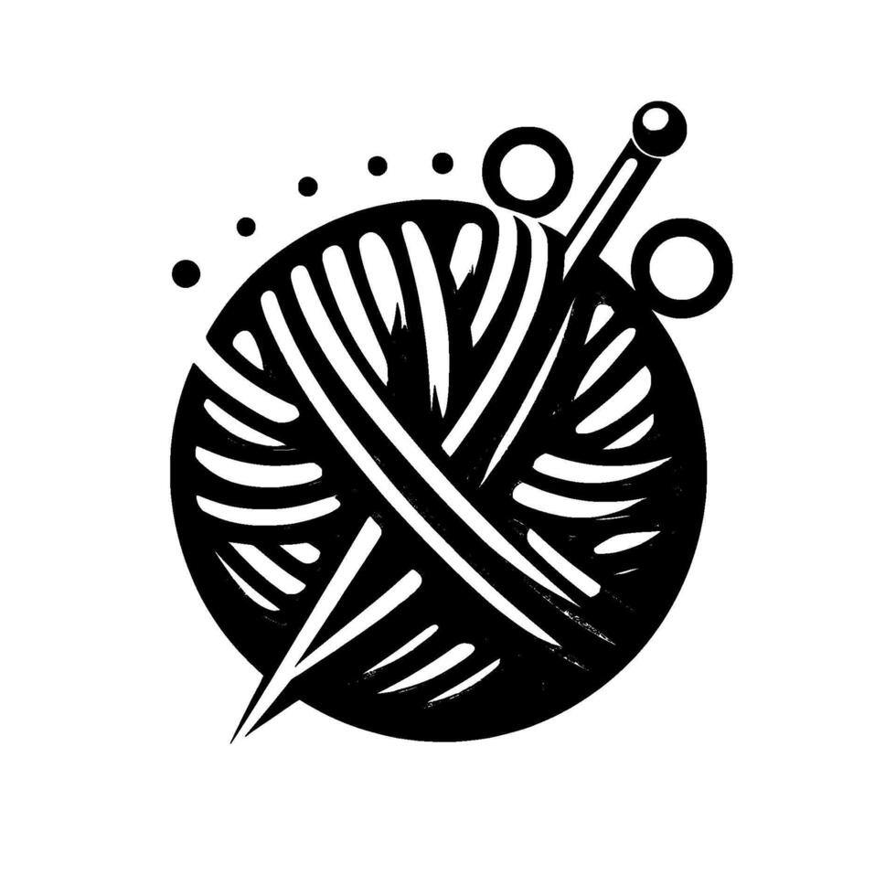 Stylized Black and White Illustration of a Ball of Yarn and Knitting Needle with Decorative Elements vector
