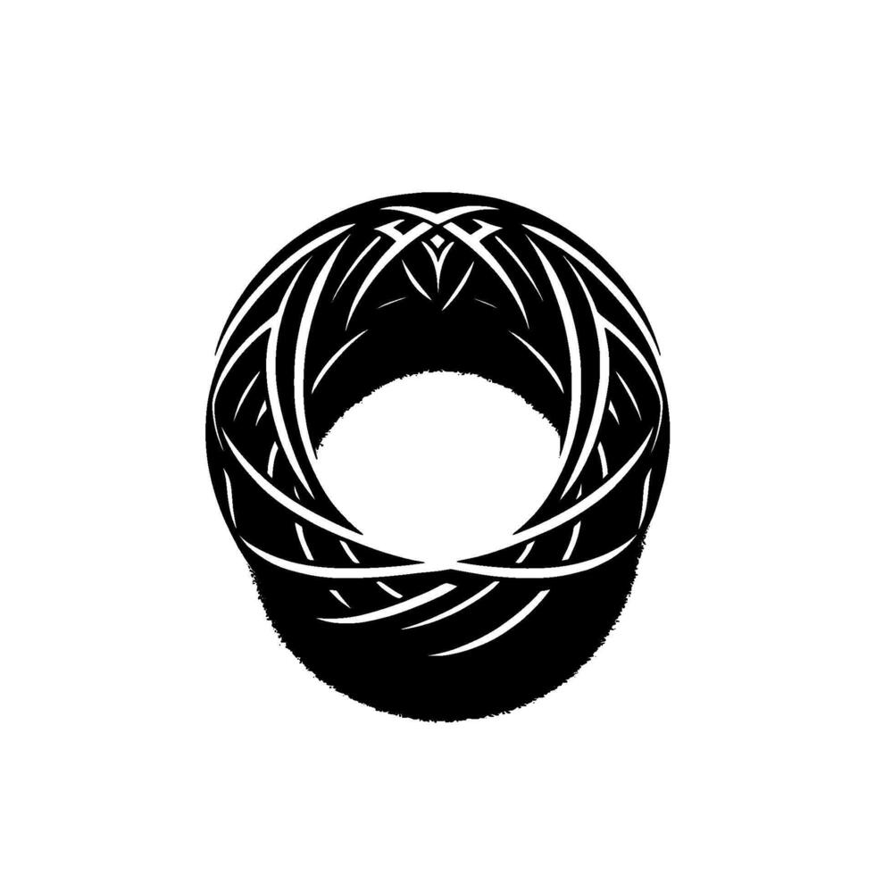 Black and white symmetrical circular with interwoven white lines, creating a dynamic and abstract D effect on a stark white background. vector