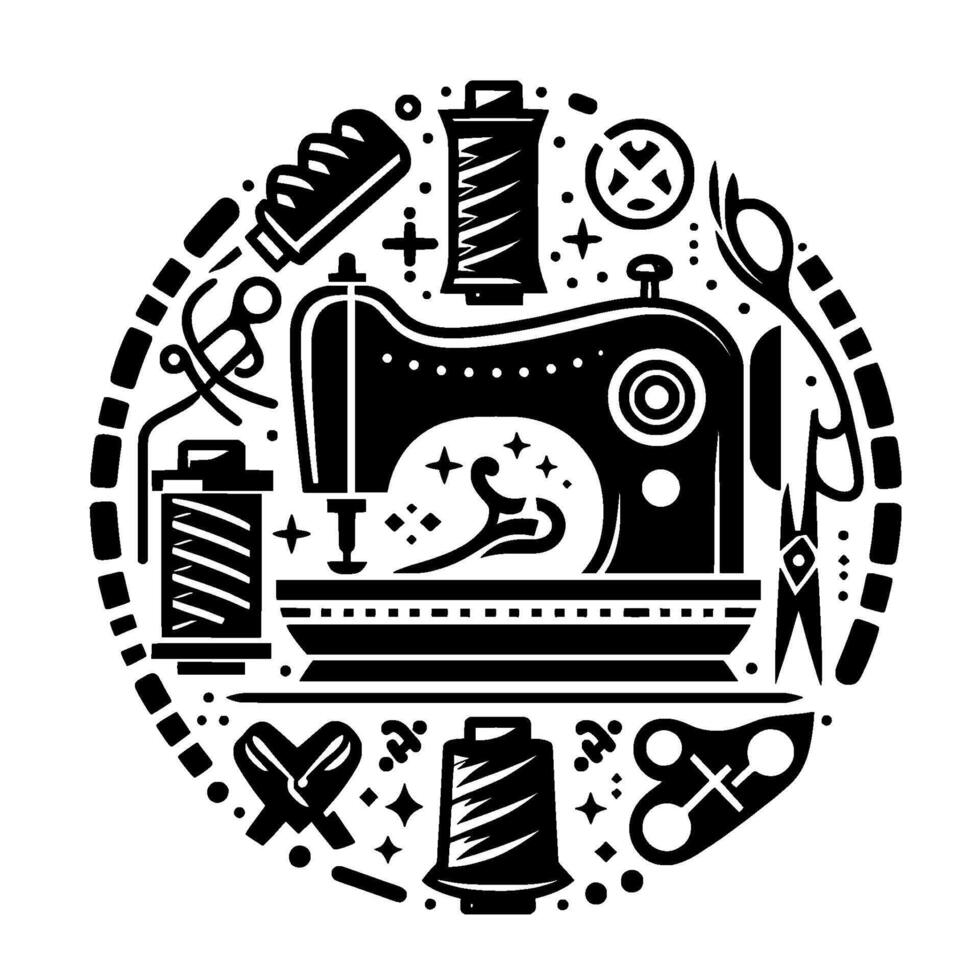 Intricate Black and White Circular Illustration of Sewing Tools and Machine, Symbolizing Crafting and . vector