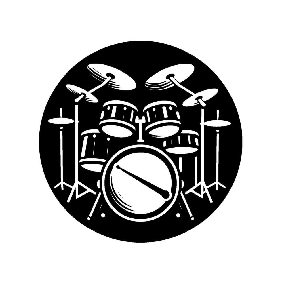 Monochromatic Illustration of a Drum Kit Inside a Black Circular Frame with White Accents, Featuring Drums, Cymbals, and Drumsticks. vector