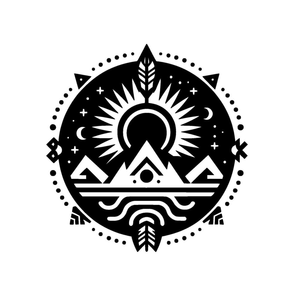 Symbolic Black and White Circular with Sun, Mountains, Feather, and Geometric Native American Elements vector