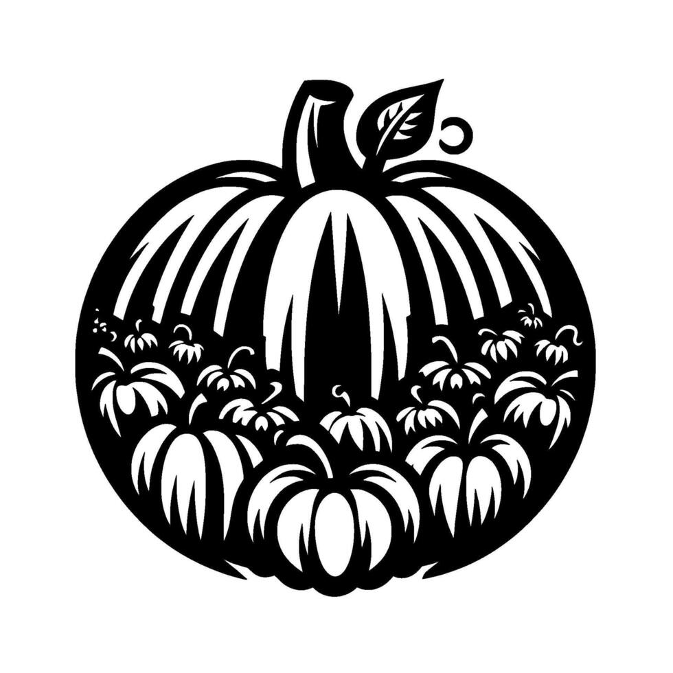 Black and white stylized illustration of a large pumpkin with a cluster of smaller pumpkins at its base, leaf detail. vector
