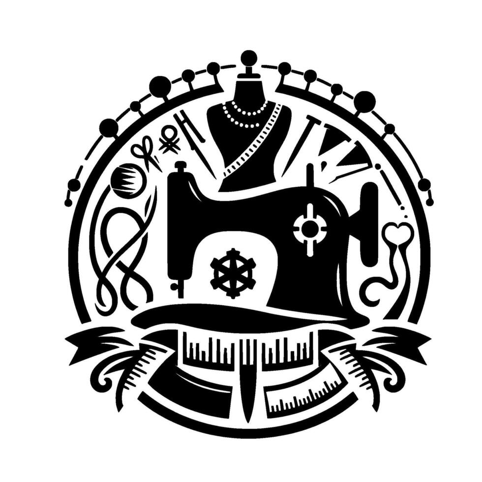 Black and white circular featuring a sewing machine, dress form, and various crafting tools, representing tailor shop. vector