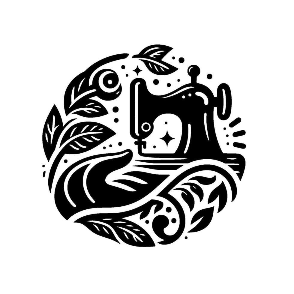 Black and White Circular Sewing Machine cradled by a Hand with Floral Elements, Emphasizing Craftsmanship Natural Harmony. vector