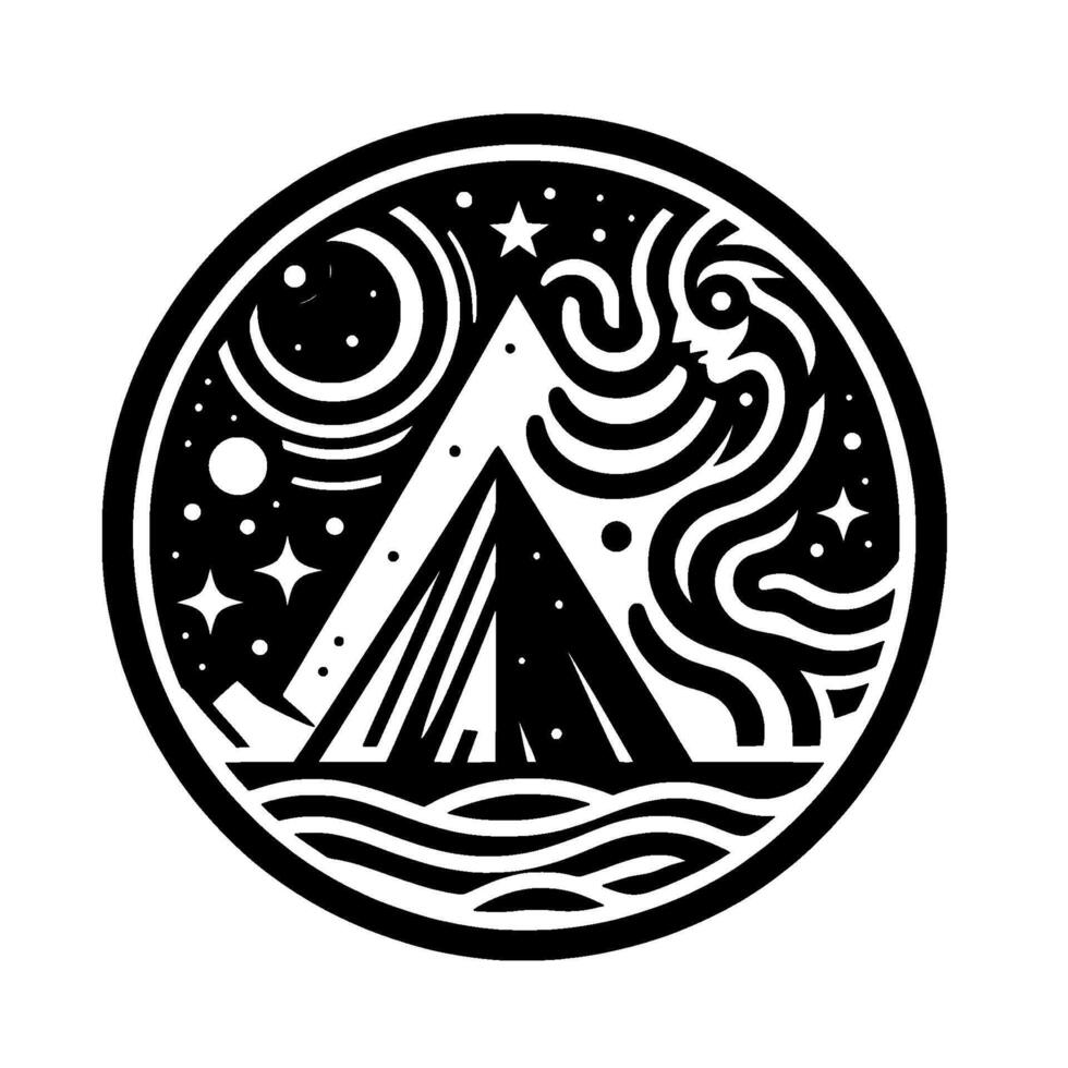 Symbolic black and white circular featuring a tent, night sky, ocean waves, swirls, stars, and moon. vector